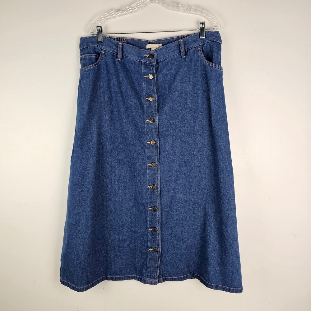 Woman Within Denim Skirt 14W Petite Blue Cotton Button Front A-Line Midi Pocket